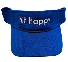 Load image into Gallery viewer, A royal blue mesh visor with the words 'hit happy' embroidered in white across the front band, shown against a plain white background.