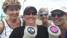 Load image into Gallery viewer, A group of women with our funny Tennis Butt Decals - "Boxers or Briefs" on their tennis racquets