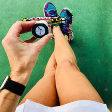 Load image into Gallery viewer, Our funny Tennis Butt Decals - "Flip Flops or Heels" on the end of a tennis racquet on the court