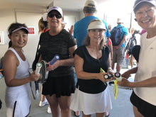 Load image into Gallery viewer, Tennis players with our funny Tennis Butt Decals - "Flip Flops or Heels" on the tennis court