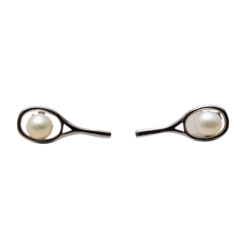 Sterling Silver Tennis Racket With Freshwater Pearl Earrings