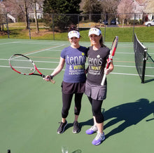 Load image into Gallery viewer, Two women wearing the white "LOVE Tennis" Mesh Visor on the tennis court