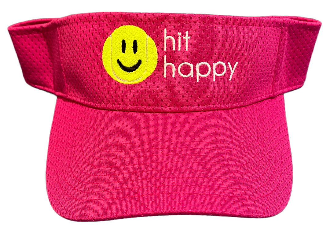 Pink Hit Happy tennis visor with yellow smile logo and white Hit Happy lettering