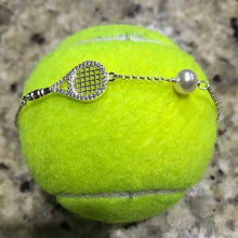 Load image into Gallery viewer, Luxe Tennis Racket and Pearl bracelet with a tennis ball
