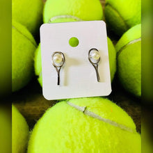 Load image into Gallery viewer, Sterling Silver Tennis Racket With Freshwater Pearl Earrings pictured with real tennis balls
