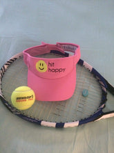 Load image into Gallery viewer, The pink Hit Happy Mesh Tennis Visor with a tennis racquet and ball
