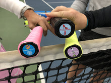 Load image into Gallery viewer, Three tennis racquets displaying our funny tennis butt decals on the ends
