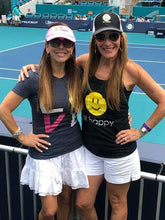 Load image into Gallery viewer, Two women on the tennis court wearing the Hit Happy Tennis Baseball Style Hat and visor
