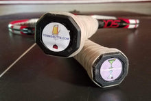 Load image into Gallery viewer, Custom Box of Tennis Butt Decals - Tennis butts on two tennis racquets
