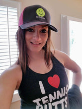 Load image into Gallery viewer, Woman wearing the Charcoal and Pink Hit Happy Tennis Baseball Style Hat
